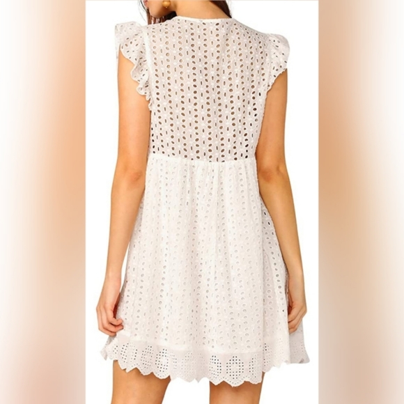 Eyelet Dress Sleeveless V Neck Embroidery Ruffle A - Picture 3 of 4